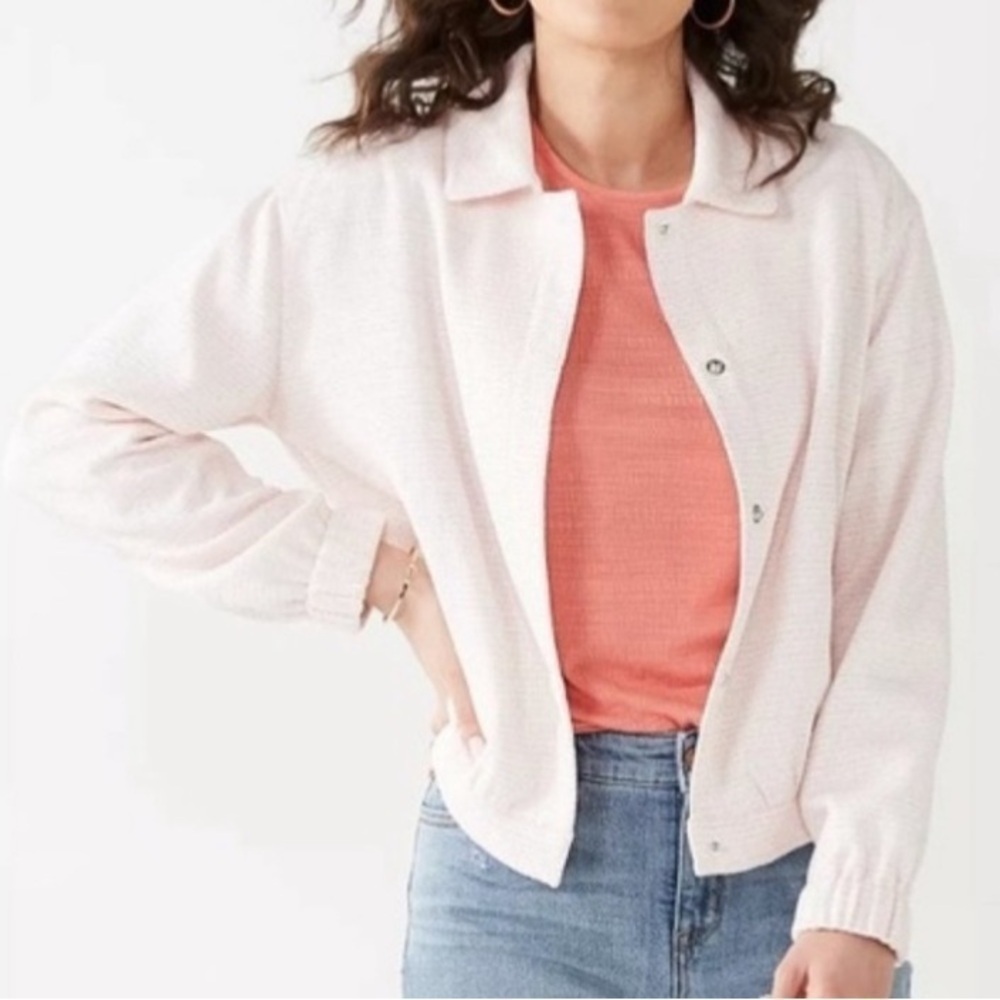 Nine West Women’s Tweed Bomber Jacket Small Pink & White Stretch Balletcore
